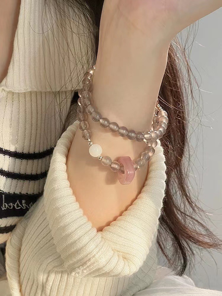 Grey agate crystal bracelet, a niche design for women, white butterfly shell bracelet, a high-end natural strawberry crystal double-ring bracelet for best friends, 281 undefined