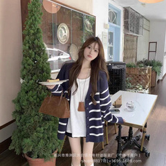 2025新款跨境条纹针织开衫女欧美秋冬新款V领开衫毛衣条纹毛衣女