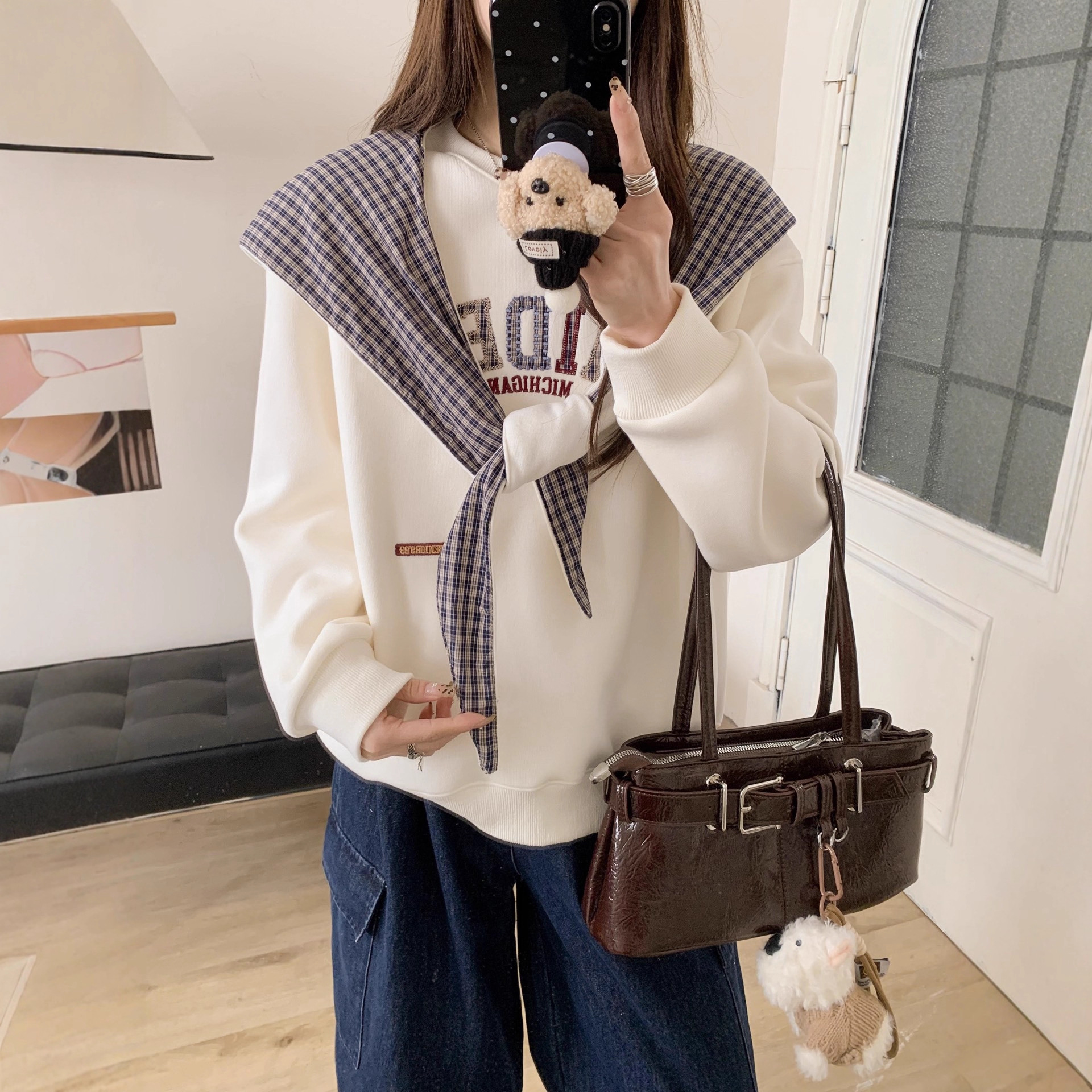 9316格子帽＋贴布绣2025冬韩系减龄ins风时尚休闲百搭加绒卫衣女