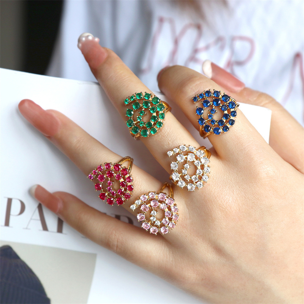 Fashion Retro Multi-color Zircon Inlaid Opening Adjustable Copper Plating Gold Ring Wholesale display picture 6