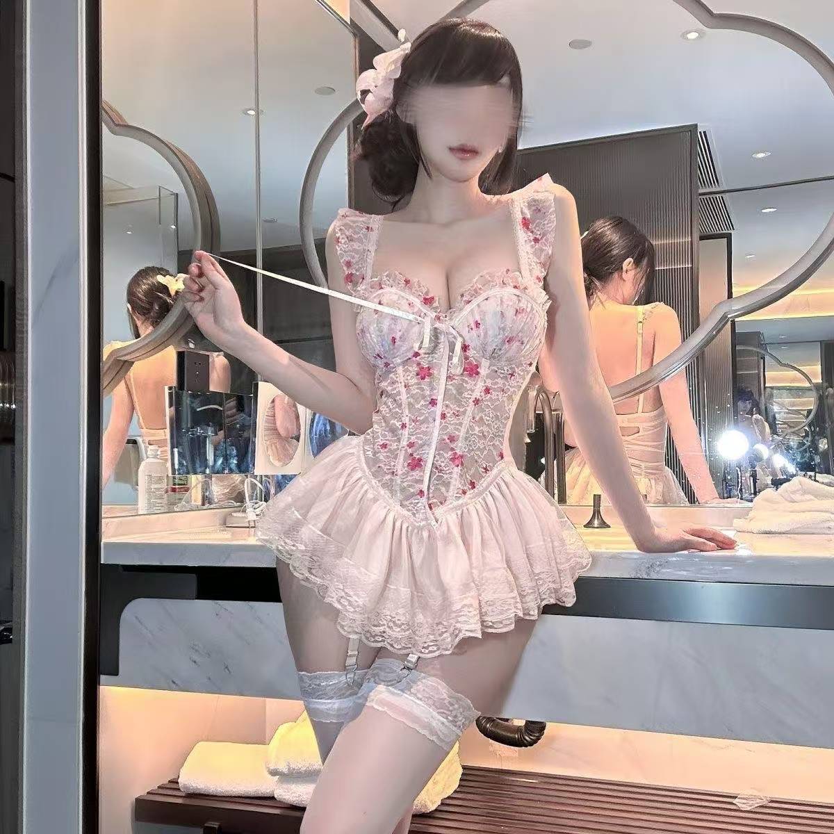 Lace Slim-Fit Babydoll Pajama Set with Chest Pads and Stockings — detail image 3