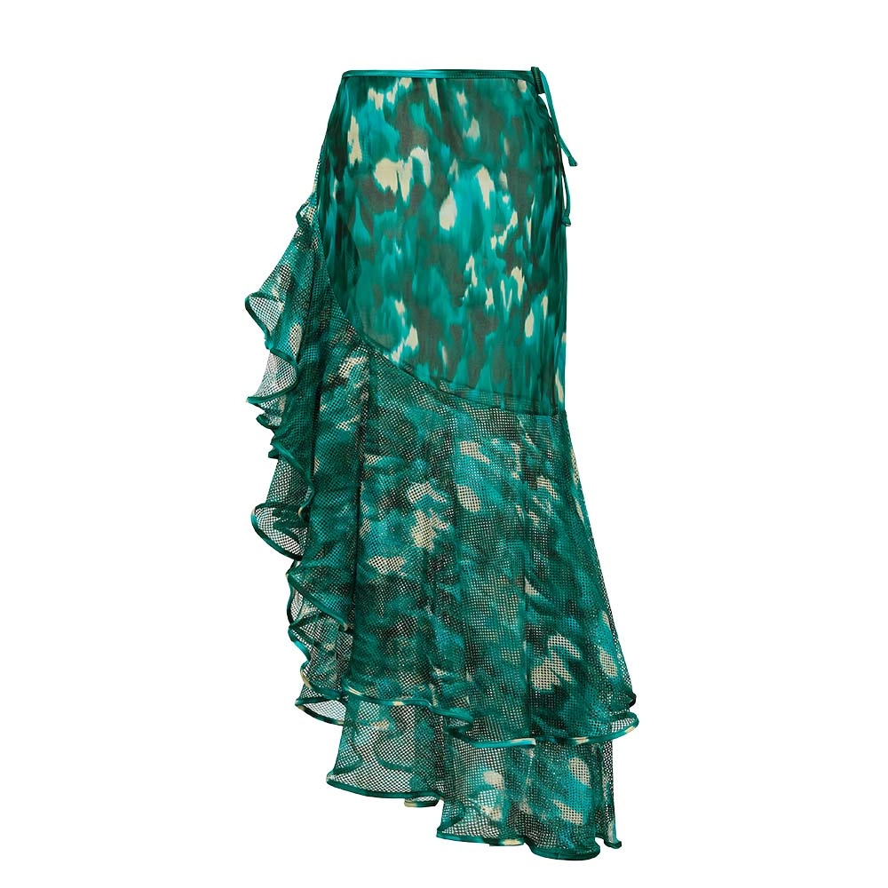Women's Green Ink Painting Print Strapless Ruffle One Piece Swimsuit American Style Sexy Vacation Suit For All Seasons_ecoleips.com