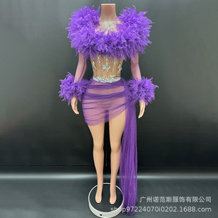 新款时尚紫色性感网纱透视短礼服女团舞台打歌服生日party礼服裙-阿里巴巴
