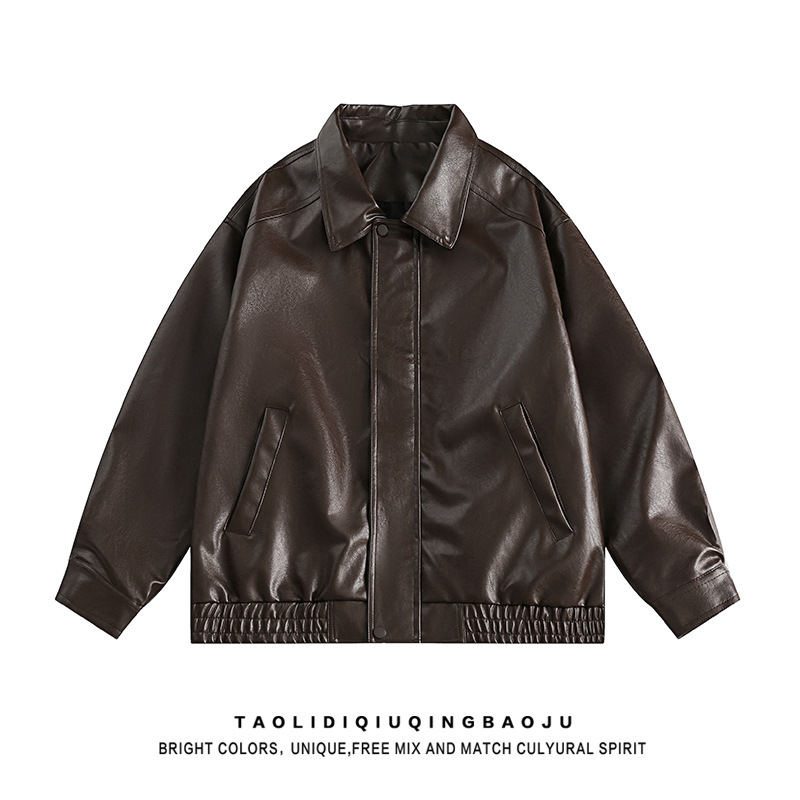 American Style Street Maillard Wear Leather Jacket Women's Retro High-end Sense Loose Lapel PU Leather Jacket for Couple
