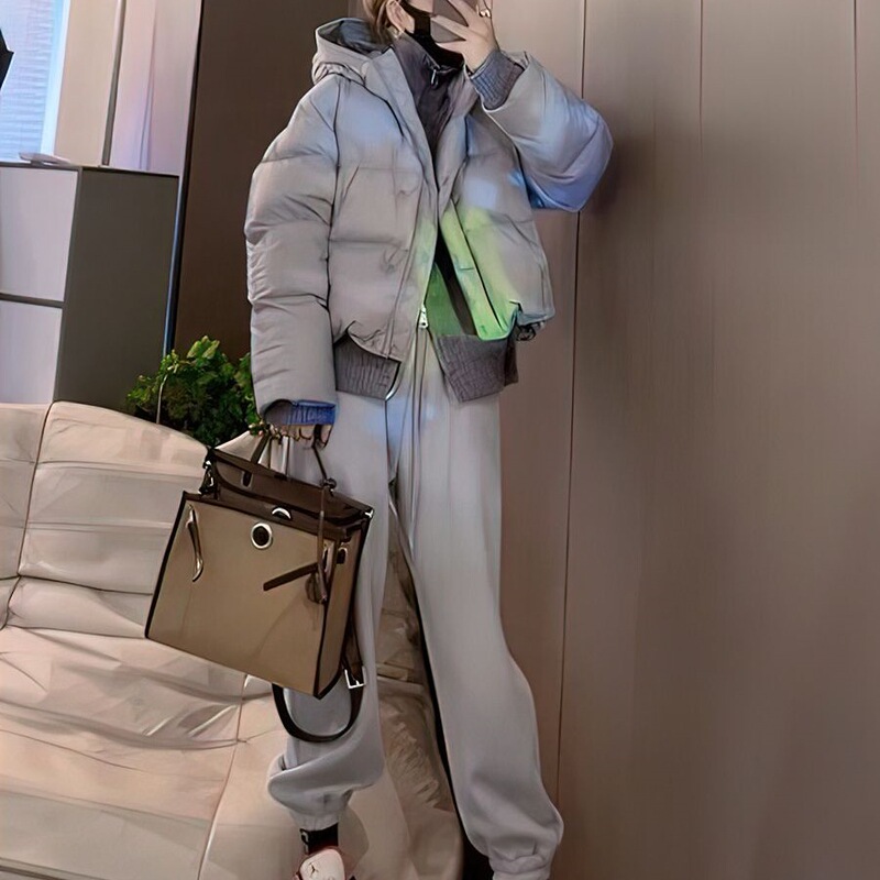 New Style Cotton Hooded Suit Women's Short Winter Fashion Jacket Casual Pants Two-Piece Set