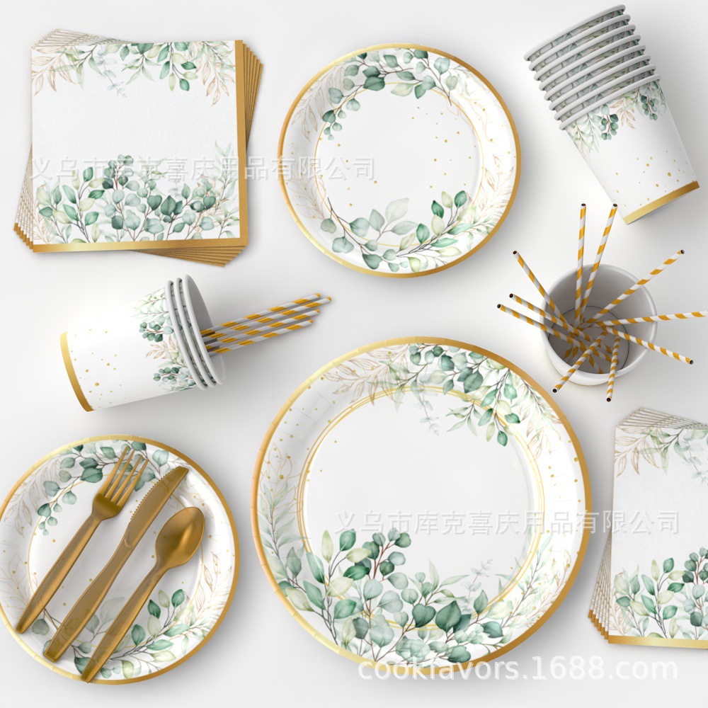 Transfronterizos eucalyptus bebés fiesta bandeja de papel salvia cubiertos bandeja de papel desechable taza de papel conjunto de toallas