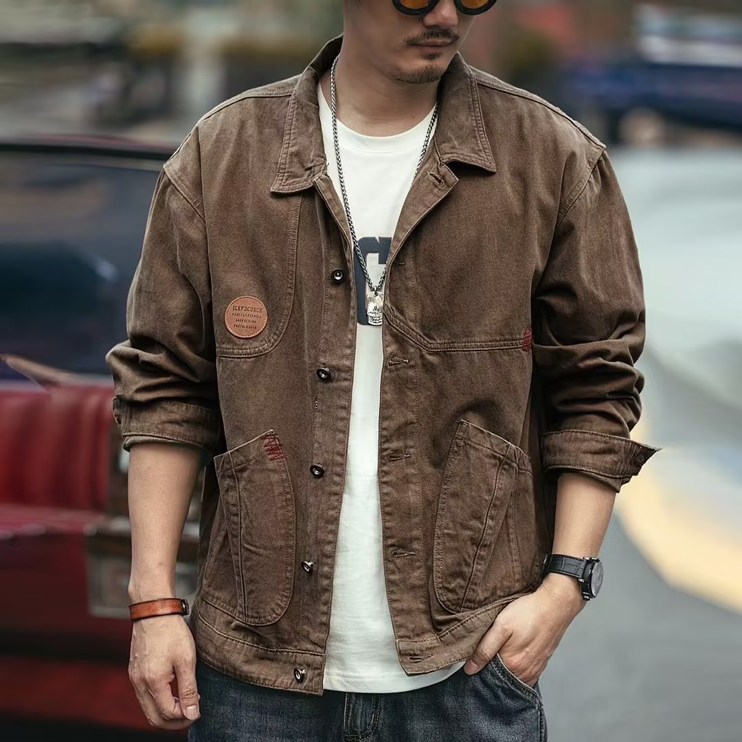 American Retro Heavy Work Jacket Men's Spring and Autumn New Denim Hunting Casual Jacket Loose plus size