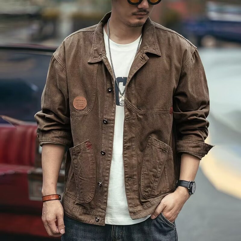 American Retro Heavy Work Jacket Men's Spring and Autumn New Denim Hunting Casual Jacket Loose plus size