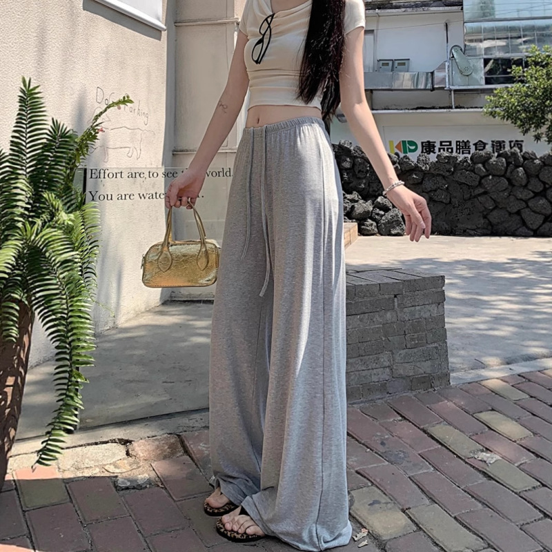 灰色慵懒风抽绳运动裤休闲裤直筒裤女秋季宽松垂感阔腿裤拖地长裤|undefined