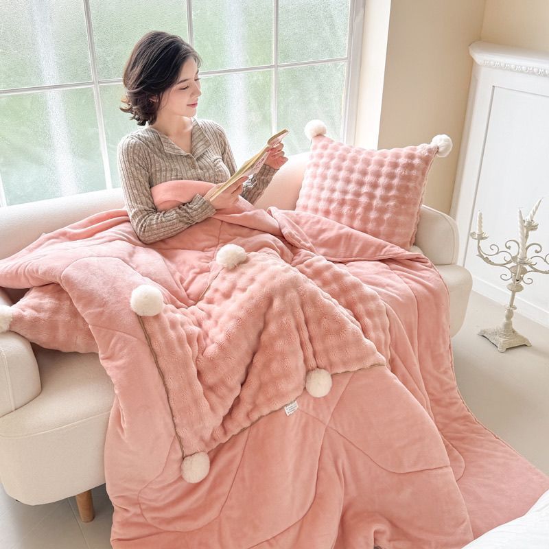 New Style Rabbit Fleece Milk Fleece Pom-Pom Throw Pillow Cover Lightweight Office Nap Blanket 2-in-1 Car Cushion Cover