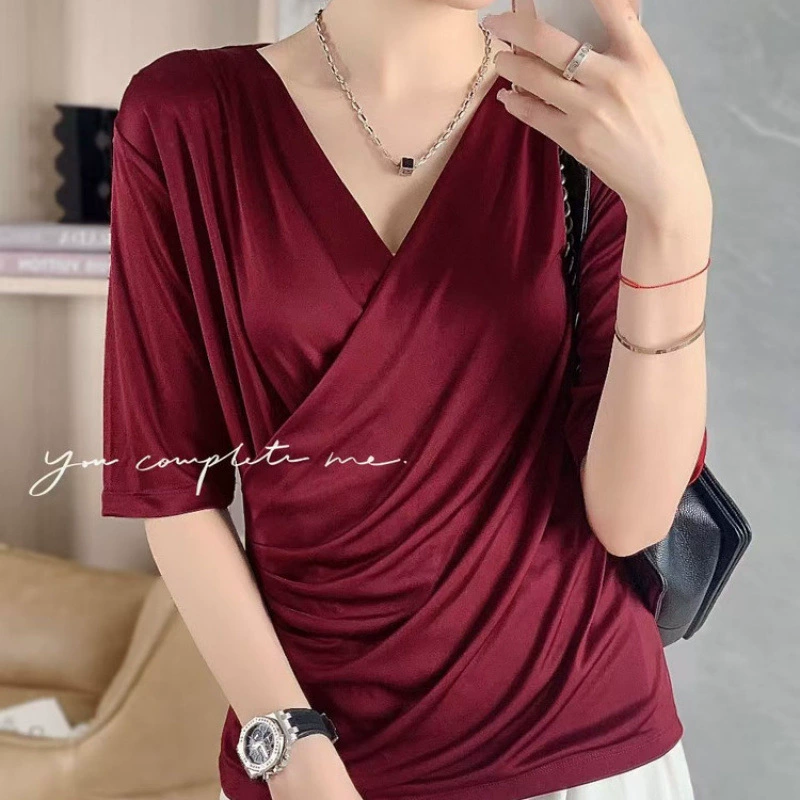 Женская рубашка из ацетатного атласа с рукавом 3/4, весна-лето 2025, с перекрестным воротником, стройнящая, элегантного дизайна, женственная блузка