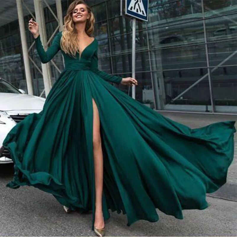 Vestido de noche largo de gasa elegante con cuello en V y manga larga, estilo europeo y americano, para comercio exterior, Amazon, AliExpress, Wish