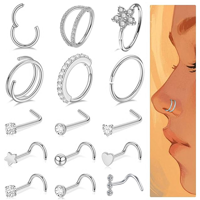 Nieuwe 15-delige set roestvrijstalen, grensoverschrijdende, populaire neuspiercings met open geometrische vormen en ingelegde zirkonia, inclusief koperen piercing._voghion.com