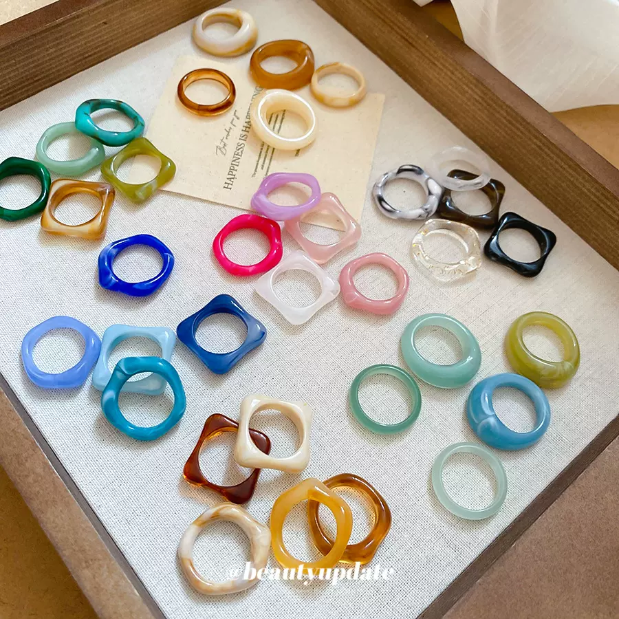 亚克力晕染圆形戒指五件套欧美小清新甜美食指戒小众设计感指环女