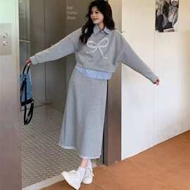 休闲风假两件卫衣套装女2026早春蝴蝶结高腰半身裙显瘦两件套潮