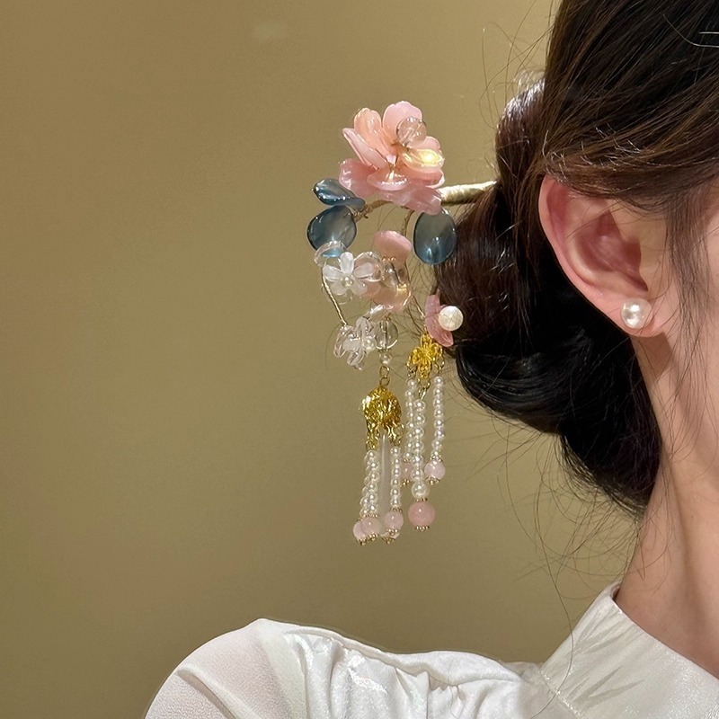 中国风花朵珍珠流苏发簪高级感古风精致百搭设计感汉服配饰法式|undefined
