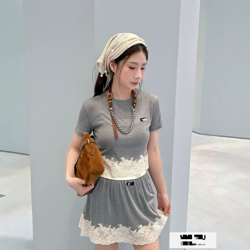 M Brand 26 Summer New High-Quality Elegant Lace Patchwork Short-Sleeve Top + Skirt Youthful Versatile Set