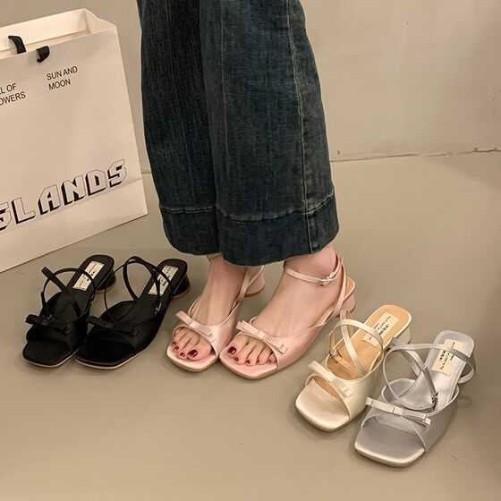 French Lady Style Style Women's Square Toe Thick Heel 2025 Summer New Arrival Bow Square Toe Open Toe Sandals