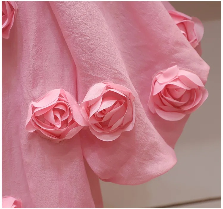 Women's Clothing summer new three dimensional rose flower chic French puff sleeve niche loose single breasted shirt versatile_voghion.com