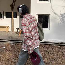 美式复古格子衬衫男春季情侣宽松百搭慵懒风长袖格纹衬衣外套潮流
