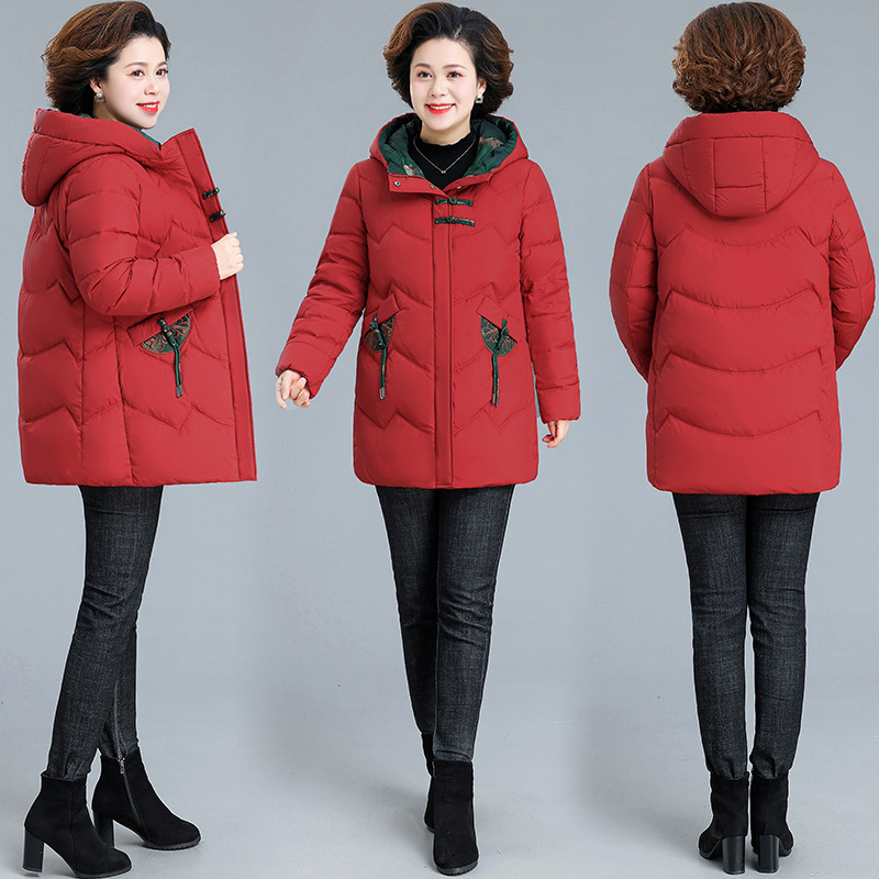 Mom's down cotton-padded coat Western style autumn and winter mid-length hooded cotton-padded coat middle-aged and elderly women's winter plus size warm cotton-padded jacket