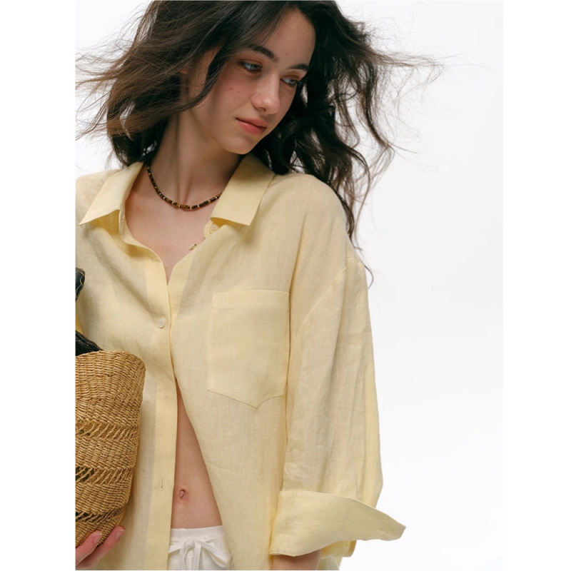 Peach Southern French Holiday Simple and Relaxed Three-Quarter Sleeve Linen Shirt for Women, New Summer Sun Protection Blouse Peach Southern French Holiday Simple and Relaxed Three-Quarter Sleeve Linen Shirt for Women, New Summer Sun Protection Blouse