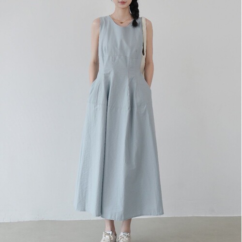 Minimalist vest dress, women's summer new style, French round neck, mid-length dress, waist, Korean slim A-line sleeveless dress