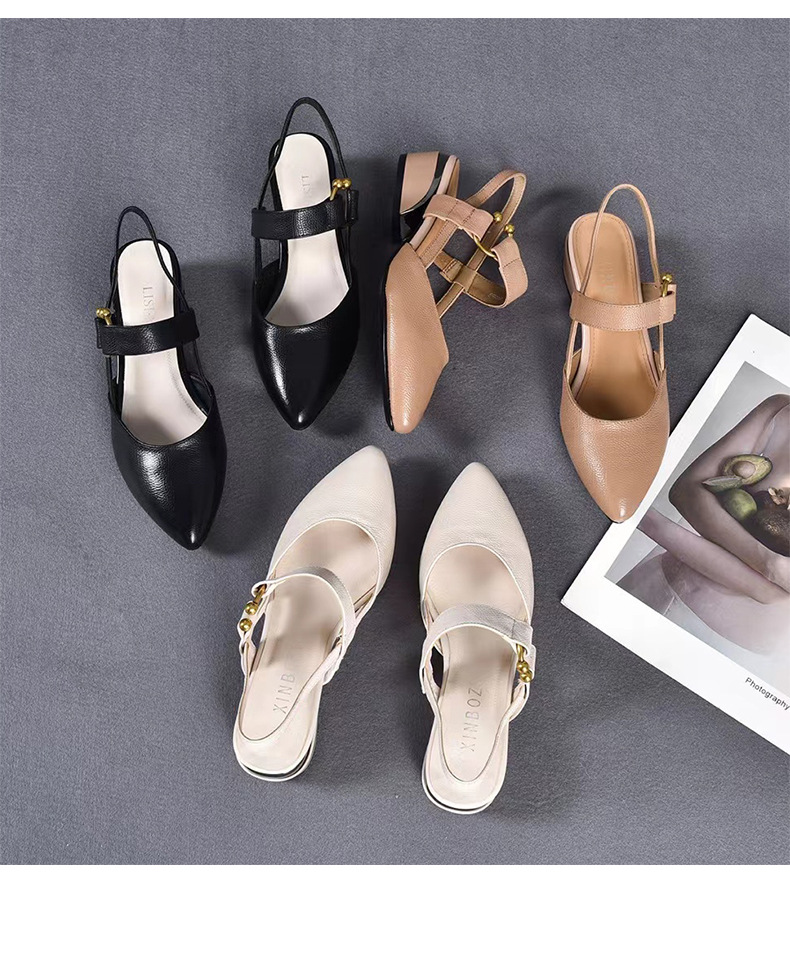 Sandal nữ da bò mũi nhọn gót vuông 3 cm hở gót — Màu Đen [Chiều cao gót 3 cm] chi tiết 10