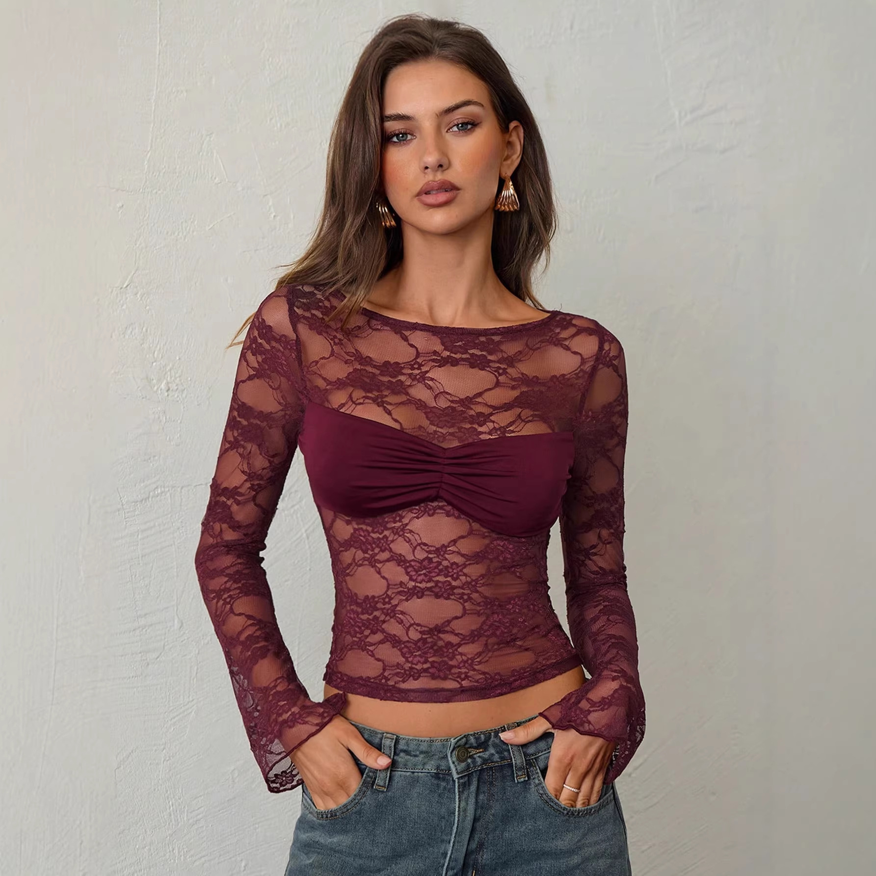 New European And American Solid Color Lace See Through Long Sleeved Top For Women, Slim Fit, Pleated Flared Chest._ecoleips.com