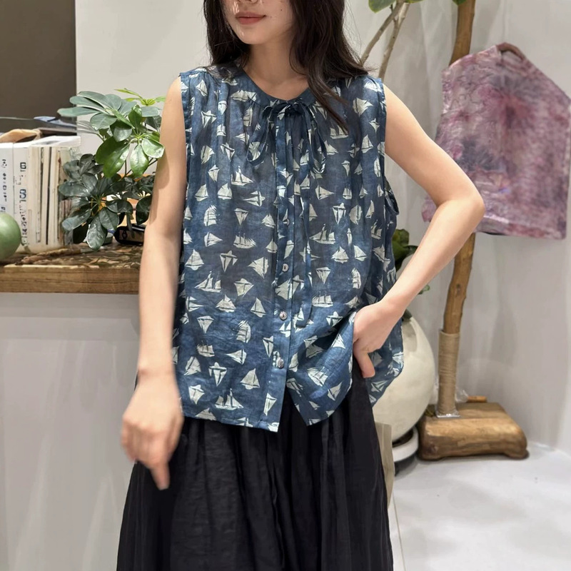 Summer New Style Ramie Printed Lace-Up Sleeve Commuter Artistic Shirt for Women