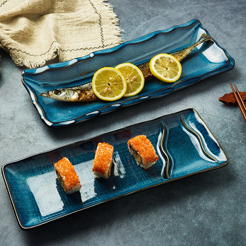 Placa de cerámica del hogar de estilo japonés horno azul esmalte sushi Placa de pescado placa mayoristas vajilla de cerámica placa larga