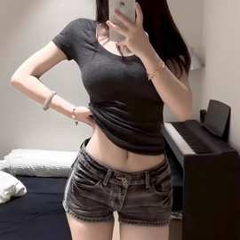 A801#【非实拍】美式复古辣妹牛仔短裤女烟灰色低腰a字小个子包臀