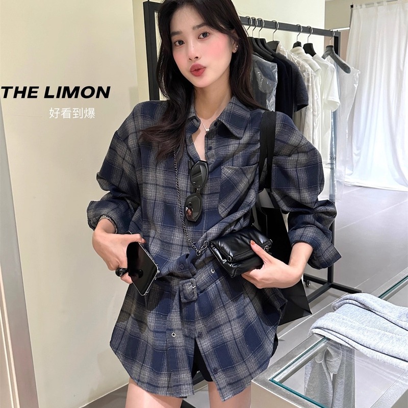 THE LIMON柠檬绿茶2025秋季复古设计感腰带磨毛格纹衬衫(配腰带）|undefined