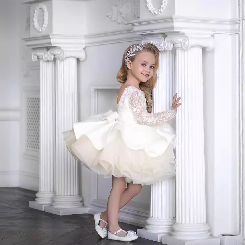 Mother & Kids Girls' Long Sleeved Lace Sequined Wedding Dress Children's Performance And Hosting Puffy Short Skirts Birthday Outfit For Kids_voghion.com