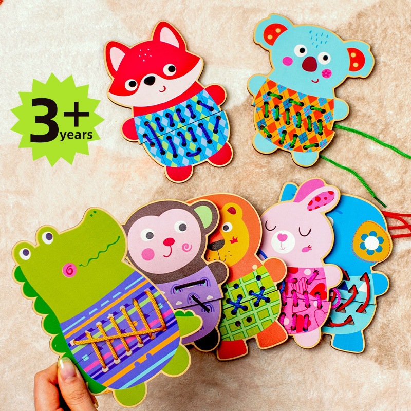 Niños de madera animal vestido hilo hilo hilo juego de cambio de ropa puzzle puzzle bloques de construcción juguetes de educación temprana