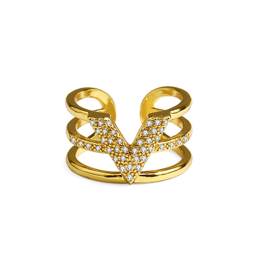New Trend V-shaped Golden Yellow Diamond-embellished Adjustable Open Ring for Women's Index Finger, Unique Design