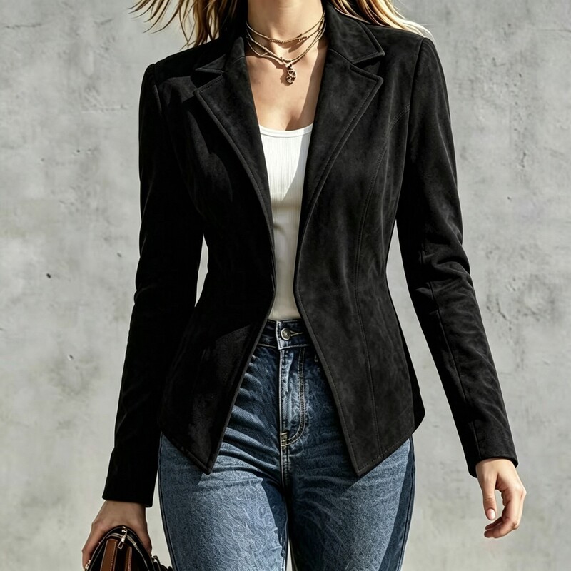 New European and American retro women's clothing in various colors and sizes, autumn and winter fashion, elegant suede slim-fit lapel long-sleeve blazer without buttons New European and American retro women's clothing in various colors and sizes, autumn and winter fashion, elegant suede slim-fit lapel long-sleeve blazer without buttons