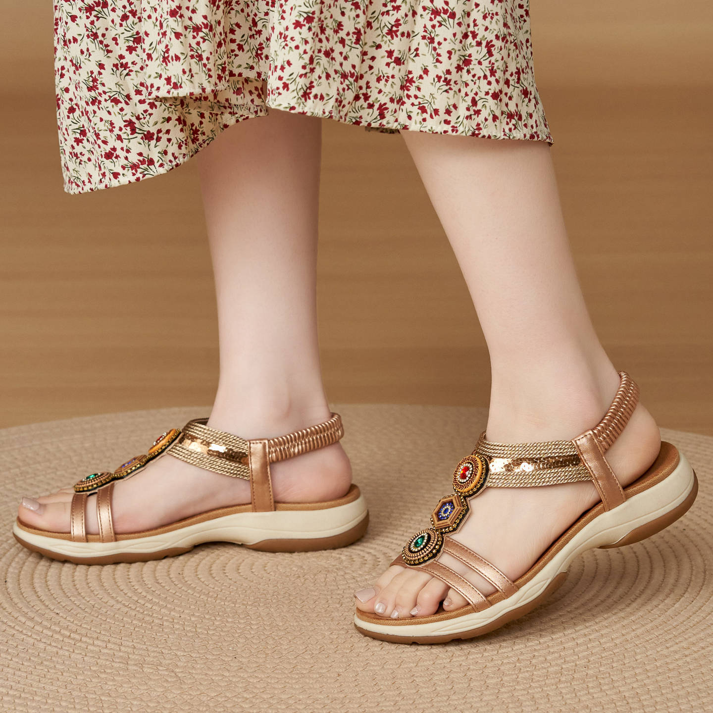 Sandal nữ đế xuồng platform phối đá màu cổ điển phong cách Amazon — màu nâu, Champagne màu, màu đen