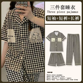 睡衣女夏季开衫短袖三件套优质仿棉千鸟格少女士家居服套装可外穿