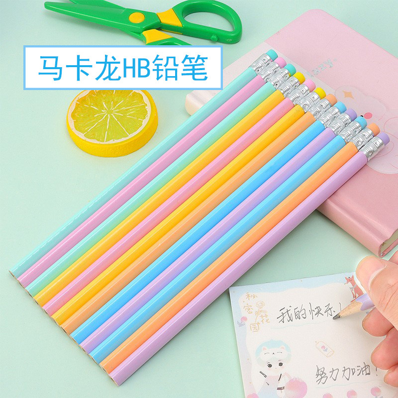 三角铅笔小学生正姿马卡龙彩杆环保HB带橡皮跨境批发