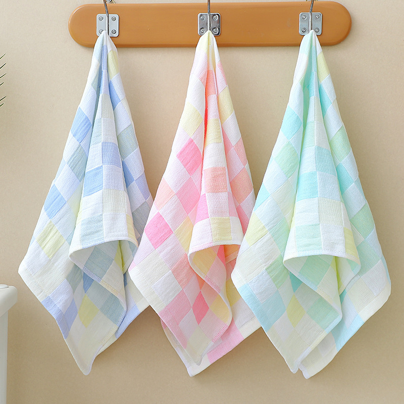 Thin Pure Cotton Gauze Towel with Colorful Plaid Pattern for Children, Soft and Absorbent, Quick-Drying, Small Square Towel for Kids