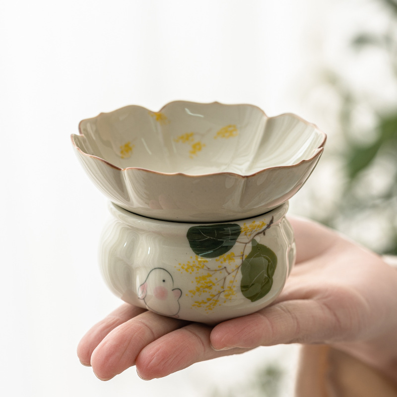 厂家手绘金桂月兔茶漏套组家用茶滤网陶瓷茶水分离过滤器茶具配件