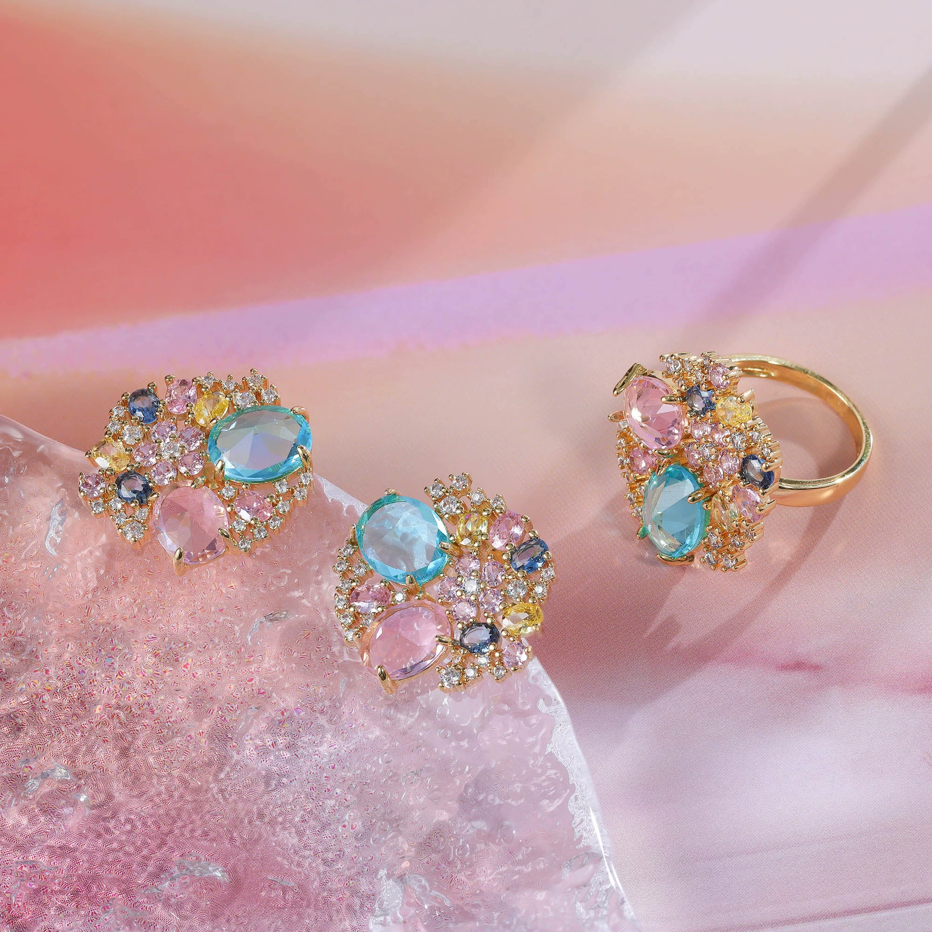 Blue earrings, ring, copper set with zircon, flowered