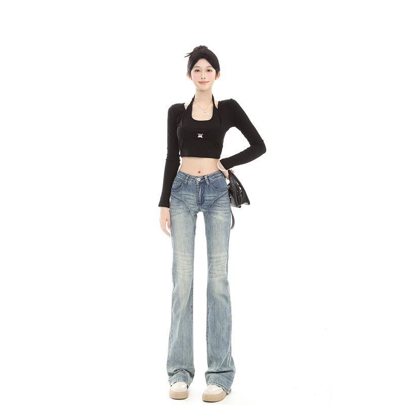 Spring and Autumn Mid-Low Waist Elastic Retro Flared Jeans for Tall Women, Slim Fit, Extended Length, Floor-Length Pants