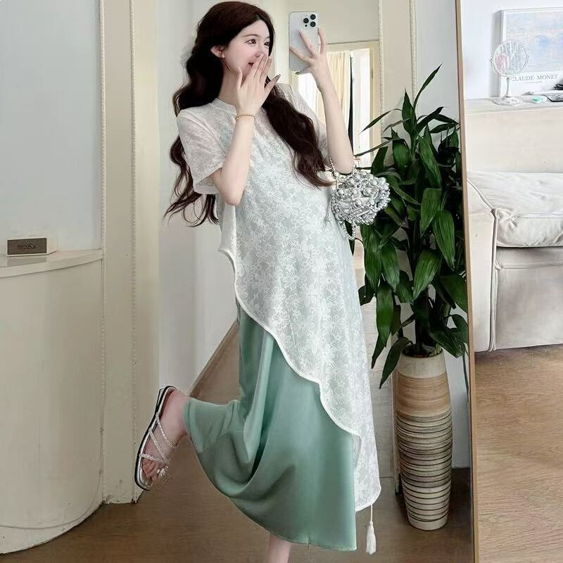 Maternity Summer Dress, New Chinese Style 2026 New Summer Set, French High-End Style Dress for Pregnancy, Elegant Dress