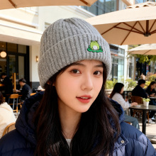 韩版秋冬新款可爱呆萌刺绣青蛙针织帽子保暖百搭护耳女冷帽毛线帽