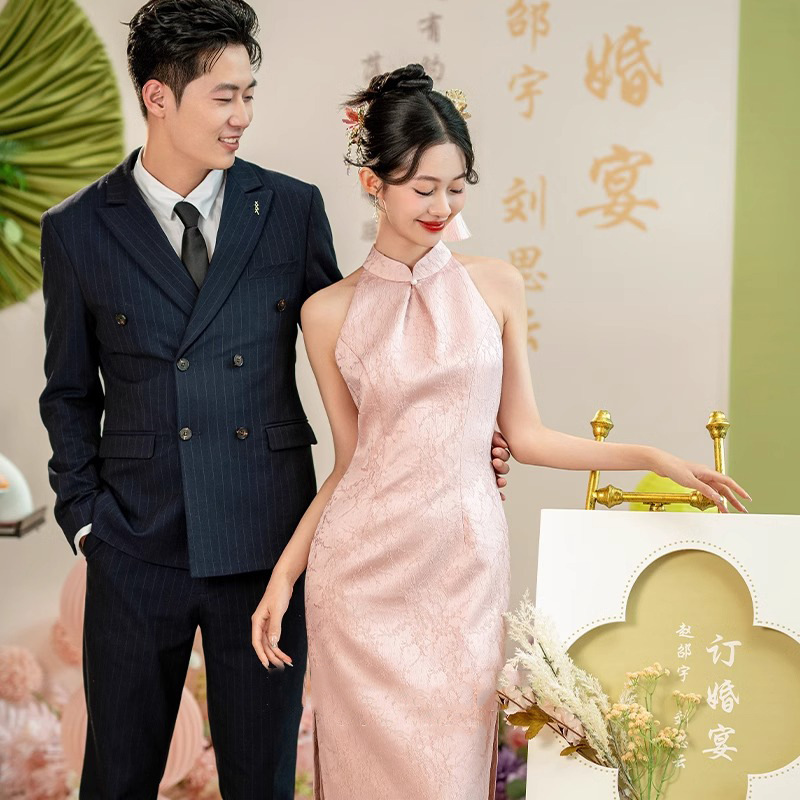 New Chinese Cheongsam Improved Young Girl Morning Gown Dress Bride Pink Sleeveless Engagement Dress