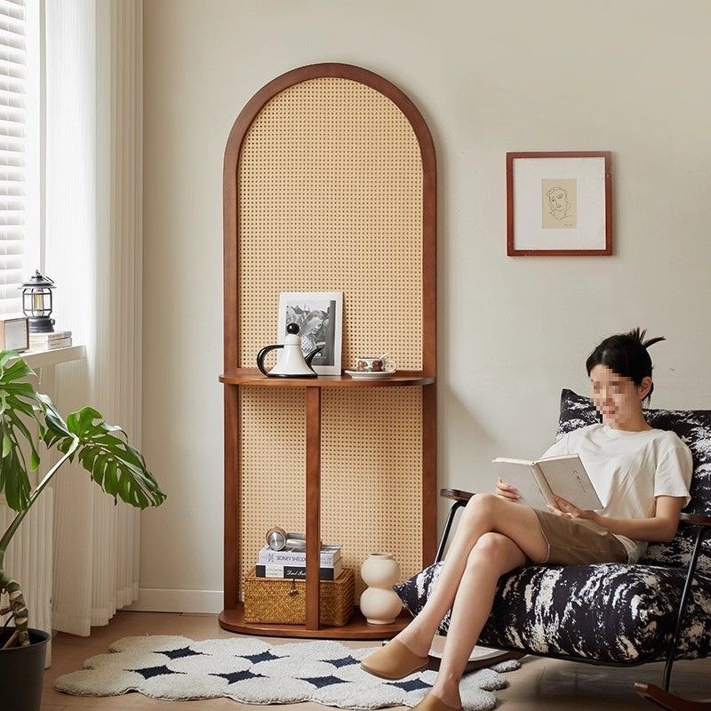 Japanese-Style Rattan Screen Partition for Living Room, Entrance, Bedroom, Vintage Storage Rack, Movable, Modern, Simple, Retro