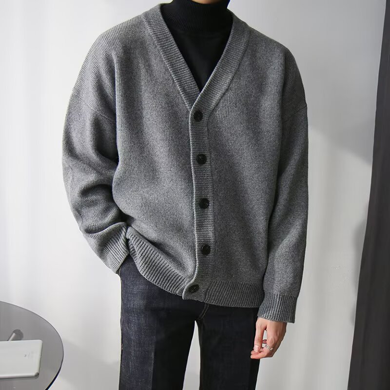 Men's Loose Knit Sweater V-Neck Single-Breasted Korean Style Trendy Solid Color Knit Cardigan Sweater Jacket Knitwear