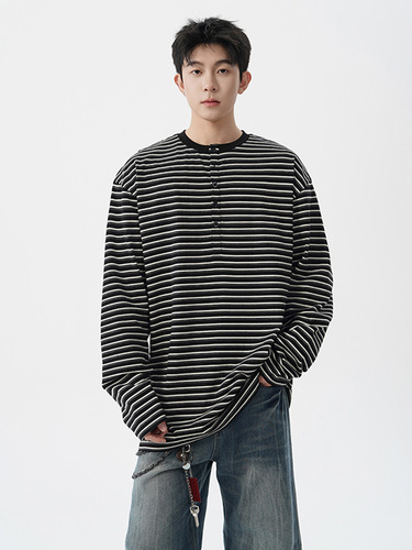 Henry Striped Long-Sleeve T-Shirt for Men, Spring and Autumn Season, American Retro V-Neck Top, Relaxed and Loose Fit Underwear